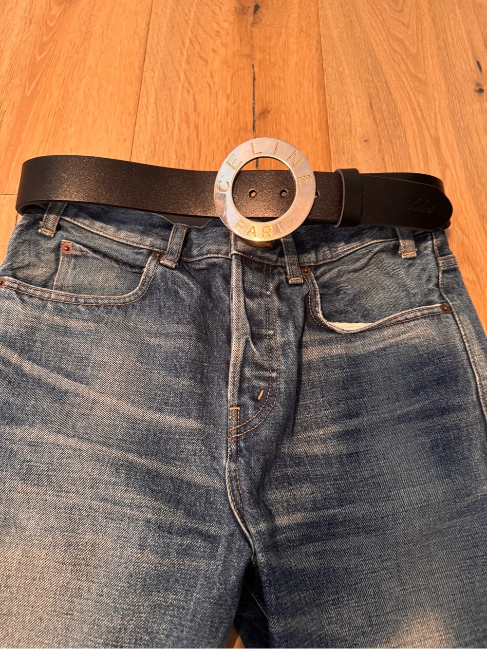 Vintage Celine silver and Gold-tone Belt Buckle with unbranded 100% leather Belt